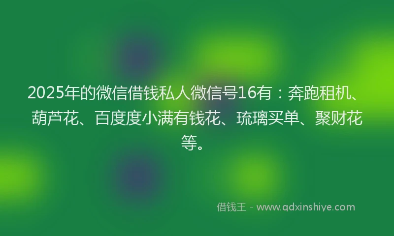 2025年的微信借钱私人微信号16有：奔跑租机、葫芦花、百度度小满有钱花、琉璃买单、聚财花等。