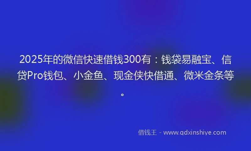 2025年的微信快速借钱300有：钱袋易融宝、信贷Pro钱包、小金鱼、现金侠快借通、微米金条等。