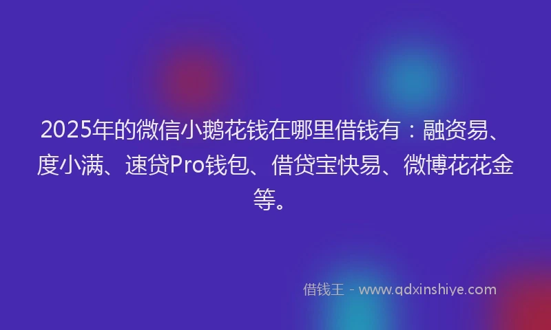 2025年的微信小鹅花钱在哪里借钱有：融资易、度小满、速贷Pro钱包、借贷宝快易、微博花花金等。