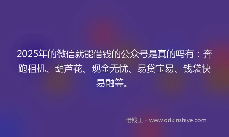 2025年的微信就能借钱的公众号是真的吗有：奔跑租机、葫芦花、现金无忧、易贷宝易、钱袋快易融等。