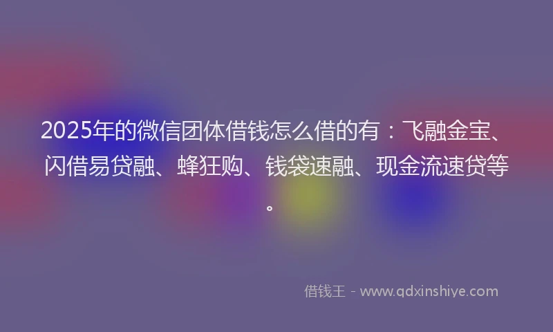 2025年的微信团体借钱怎么借的有：飞融金宝、闪借易贷融、蜂狂购、钱袋速融、现金流速贷等。