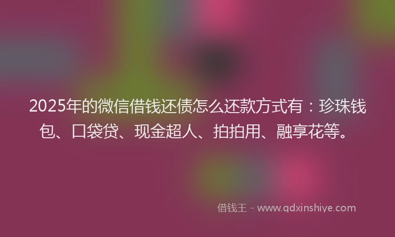 2025年的微信借钱还债怎么还款方式有：珍珠钱包、口袋贷、现金超人、拍拍用、融享花等。