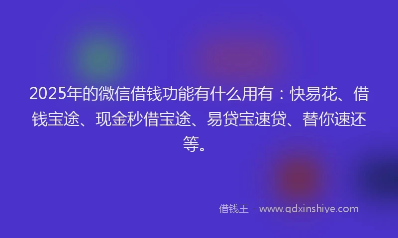 2025年的微信借钱功能有什么用有：快易花、借钱宝途、现金秒借宝途、易贷宝速贷、替你速还等。