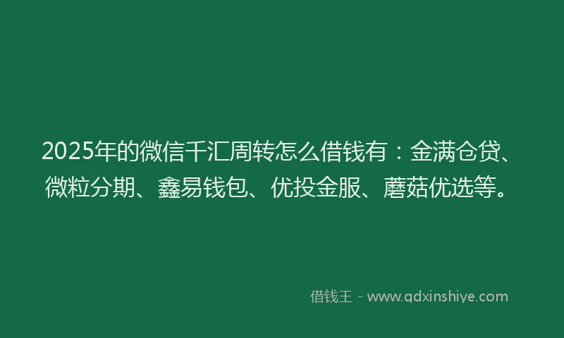 2025年的微信千汇周转怎么借钱有：金满仓贷、微粒分期、鑫易钱包、优投金服、蘑菇优选等。