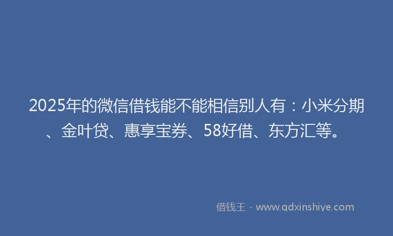 2025年的微信借钱能不能相信别人有：小米分期、金叶贷、惠享宝券、58好借、东方汇等。