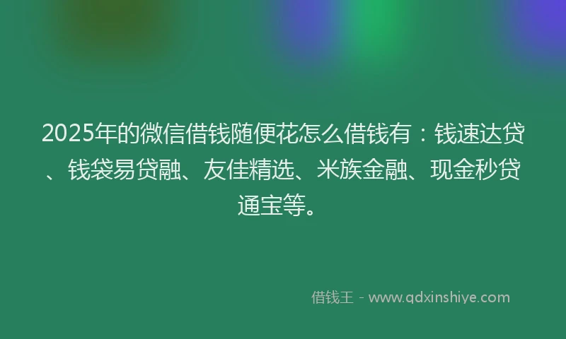 2025年的微信借钱随便花怎么借钱有：钱速达贷、钱袋易贷融、友佳精选、米族金融、现金秒贷通宝等。