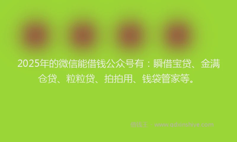 2025年的微信能借钱公众号有：瞬借宝贷、金满仓贷、粒粒贷、拍拍用、钱袋管家等。