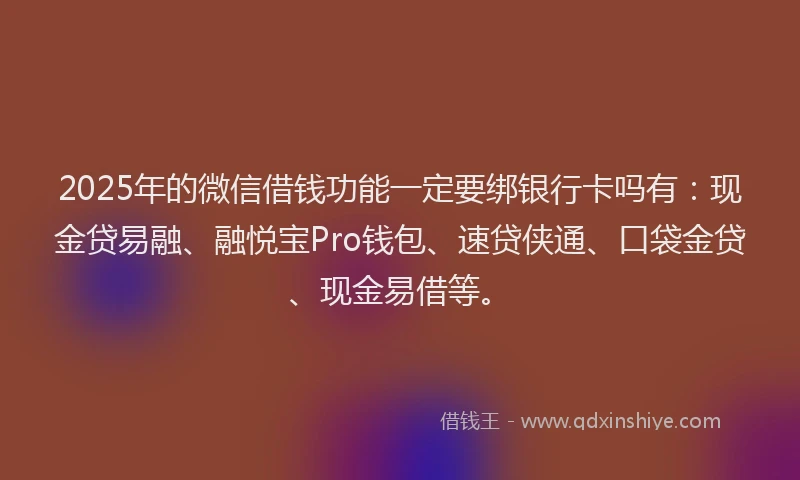 2025年的微信借钱功能一定要绑银行卡吗有：现金贷易融、融悦宝Pro钱包、速贷侠通、口袋金贷、现金易借等。