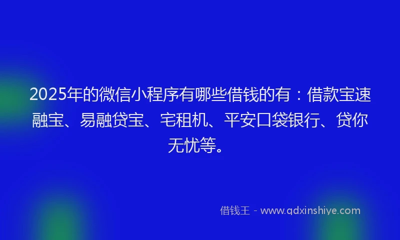 2025年的微信小程序有哪些借钱的有：借款宝速融宝、易融贷宝、宅租机、平安口袋银行、贷你无忧等。