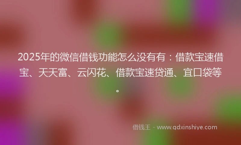 2025年的微信借钱功能怎么没有有：借款宝速借宝、天天富、云闪花、借款宝速贷通、宜口袋等。