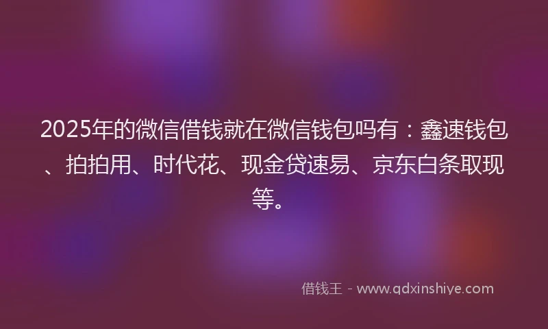 2025年的微信借钱就在微信钱包吗有：鑫速钱包、拍拍用、时代花、现金贷速易、京东白条取现等。