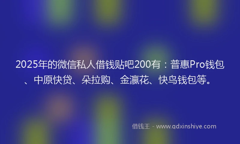 2025年的微信私人借钱贴吧200有：普惠Pro钱包、中原快贷、朵拉购、金瀛花、快鸟钱包等。