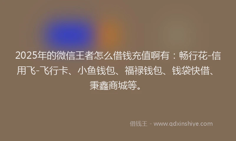 2025年的微信王者怎么借钱充值啊有：畅行花-信用飞-飞行卡、小鱼钱包、福禄钱包、钱袋快借、秉鑫商城等。