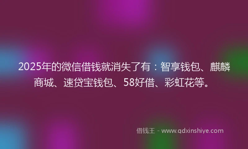 2025年的微信借钱就消失了有：智享钱包、麒麟商城、速贷宝钱包、58好借、彩虹花等。