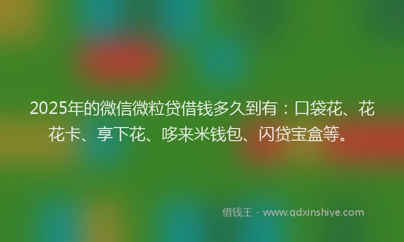 2025年的微信微粒贷借钱多久到有：口袋花、花花卡、享下花、哆来米钱包、闪贷宝盒等。