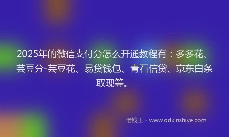 2025年的微信支付分怎么开通教程有：多多花、芸豆分-芸豆花、易贷钱包、青石信贷、京东白条取现等。