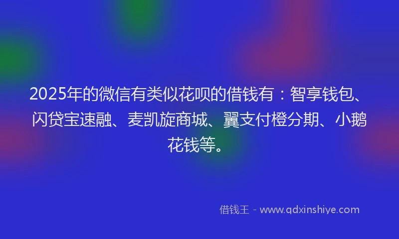 2025年的微信有类似花呗的借钱有：智享钱包、闪贷宝速融、麦凯旋商城、翼支付橙分期、小鹅花钱等。
