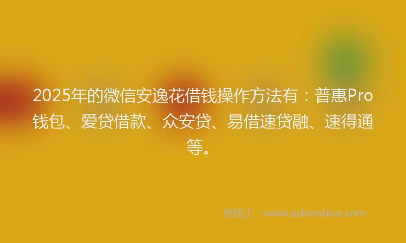 2025年的微信安逸花借钱操作方法有：普惠Pro钱包、爱贷借款、众安贷、易借速贷融、速得通等。