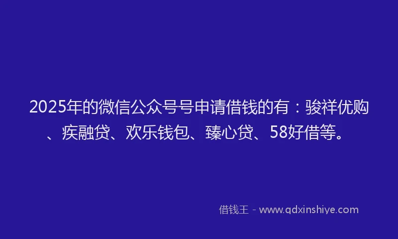 2025年的微信公众号号申请借钱的有：骏祥优购、疾融贷、欢乐钱包、臻心贷、58好借等。
