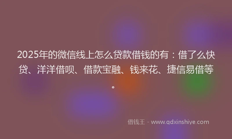 2025年的微信线上怎么贷款借钱的有：借了么快贷、洋洋借呗、借款宝融、钱来花、捷信易借等。