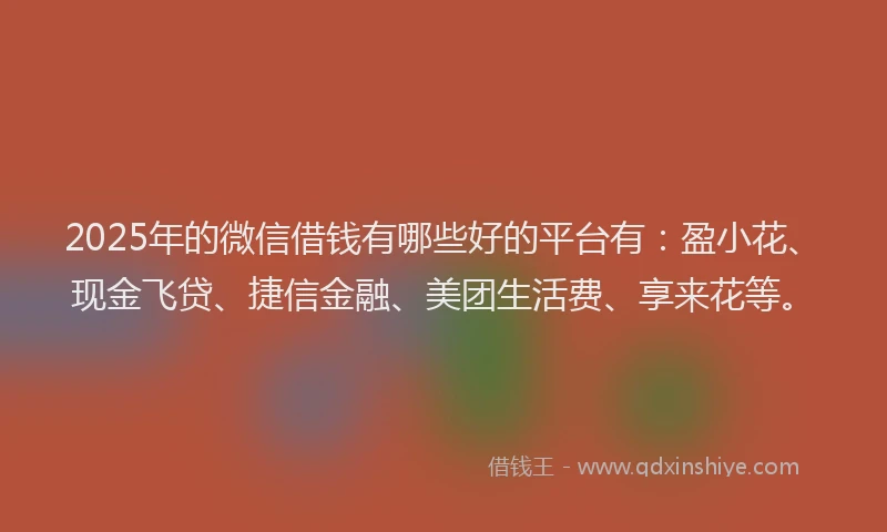 2025年的微信借钱有哪些好的平台有：盈小花、现金飞贷、捷信金融、美团生活费、享来花等。