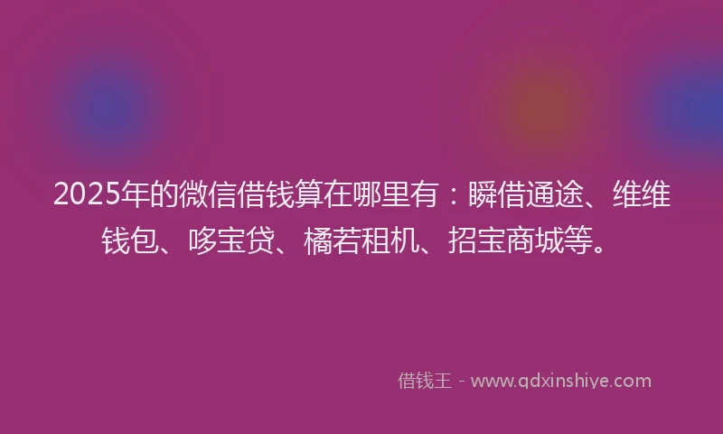2025年的微信借钱算在哪里有：瞬借通途、维维钱包、哆宝贷、橘若租机、招宝商城等。