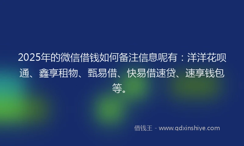 2025年的微信借钱如何备注信息呢有：洋洋花呗通、鑫享租物、甄易借、快易借速贷、速享钱包等。