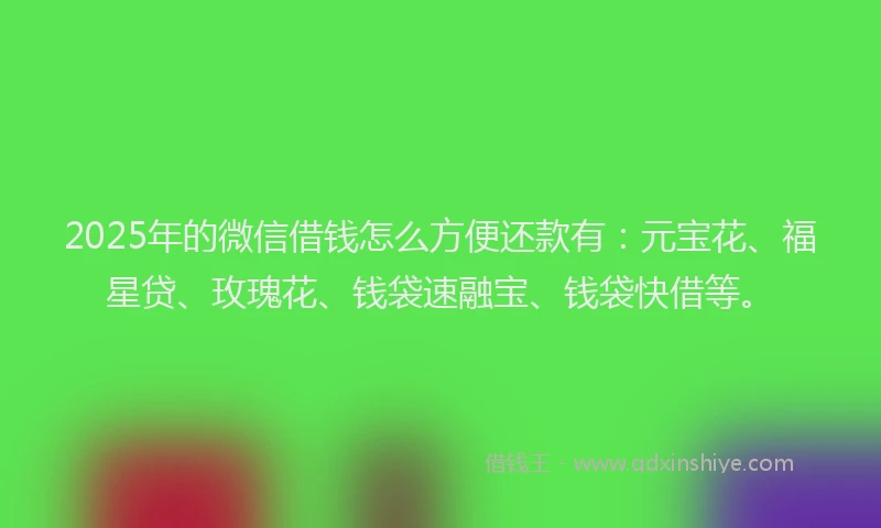 2025年的微信借钱怎么方便还款有：元宝花、福星贷、玫瑰花、钱袋速融宝、钱袋快借等。