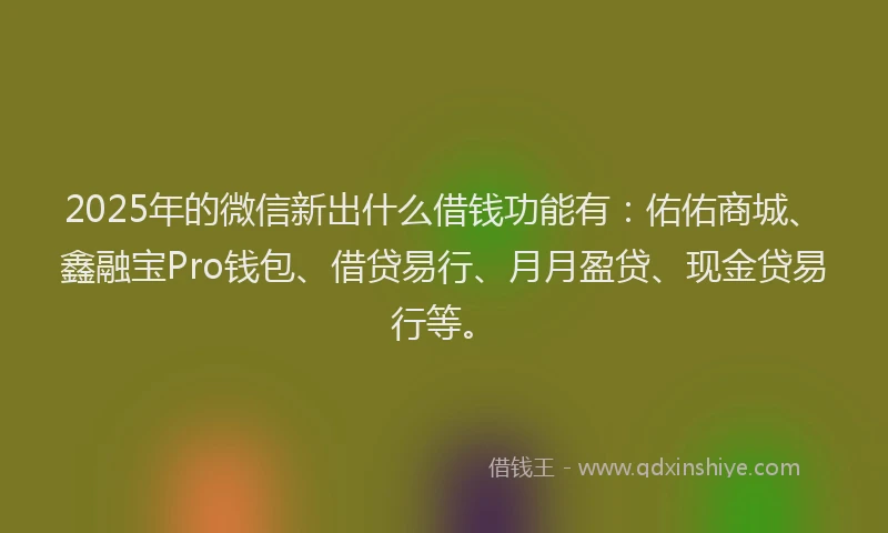 2025年的微信新出什么借钱功能有：佑佑商城、鑫融宝Pro钱包、借贷易行、月月盈贷、现金贷易行等。