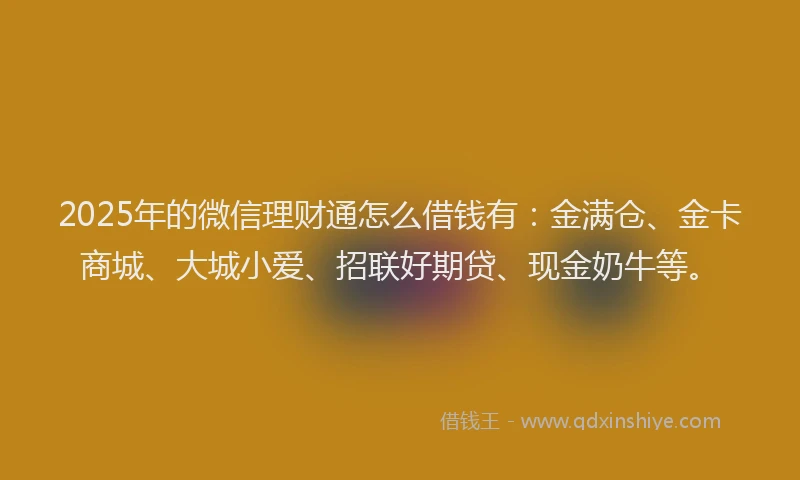 2025年的微信理财通怎么借钱有：金满仓、金卡商城、大城小爱、招联好期贷、现金奶牛等。