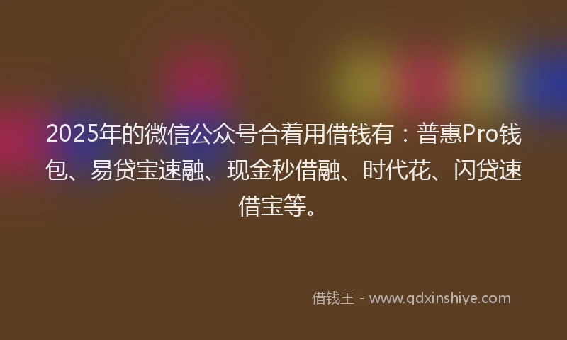 2025年的微信公众号合着用借钱有：普惠Pro钱包、易贷宝速融、现金秒借融、时代花、闪贷速借宝等。