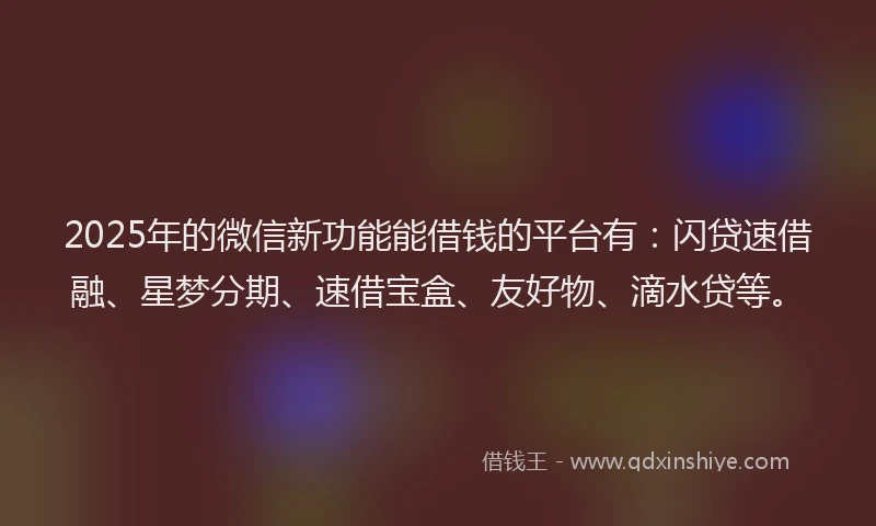 2025年的微信新功能能借钱的平台有：闪贷速借融、星梦分期、速借宝盒、友好物、滴水贷等。