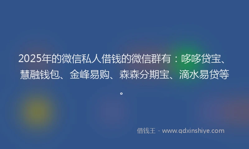 2025年的微信私人借钱的微信群有：哆哆贷宝、慧融钱包、金峰易购、森森分期宝、滴水易贷等。