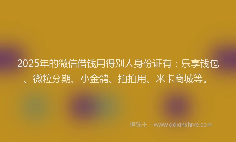 2025年的微信借钱用得别人身份证有：乐享钱包、微粒分期、小金鸽、拍拍用、米卡商城等。