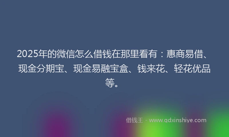 2025年的微信怎么借钱在那里看有：惠商易借、现金分期宝、现金易融宝盒、钱来花、轻花优品等。