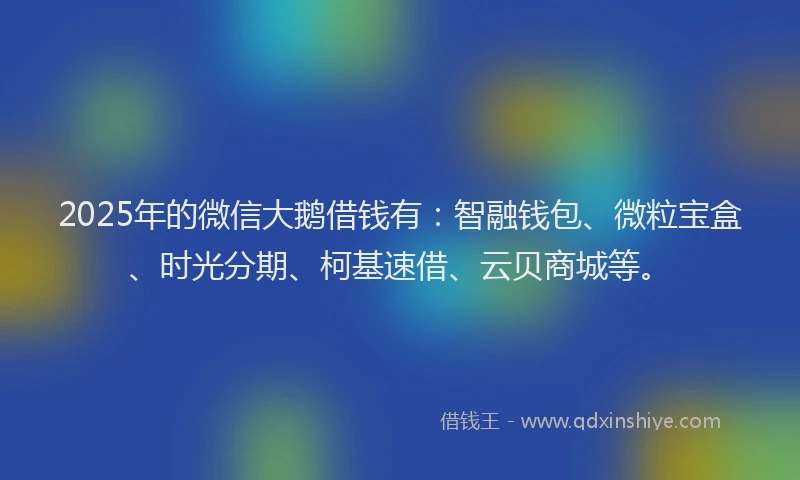 2025年的微信大鹅借钱有：智融钱包、微粒宝盒、时光分期、柯基速借、云贝商城等。
