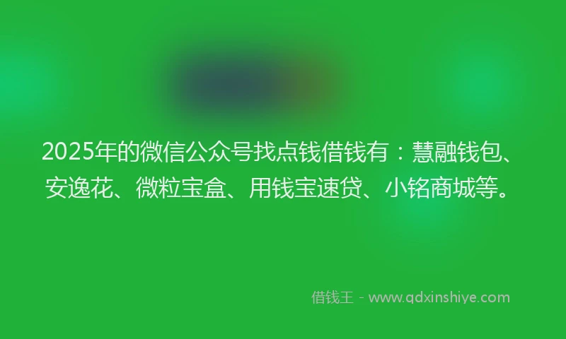 2025年的微信公众号找点钱借钱有：慧融钱包、安逸花、微粒宝盒、用钱宝速贷、小铭商城等。
