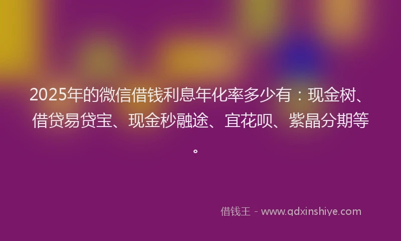 2025年的微信借钱利息年化率多少有：现金树、借贷易贷宝、现金秒融途、宜花呗、紫晶分期等。