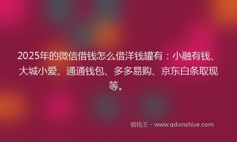 2025年的微信借钱怎么借洋钱罐有：小融有钱、大城小爱、通通钱包、多多易购、京东白条取现等。