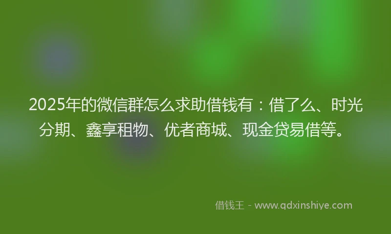 2025年的微信群怎么求助借钱有：借了么、时光分期、鑫享租物、优者商城、现金贷易借等。