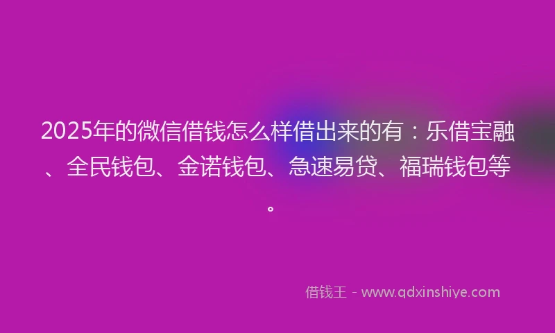 2025年的微信借钱怎么样借出来的有：乐借宝融、全民钱包、金诺钱包、急速易贷、福瑞钱包等。