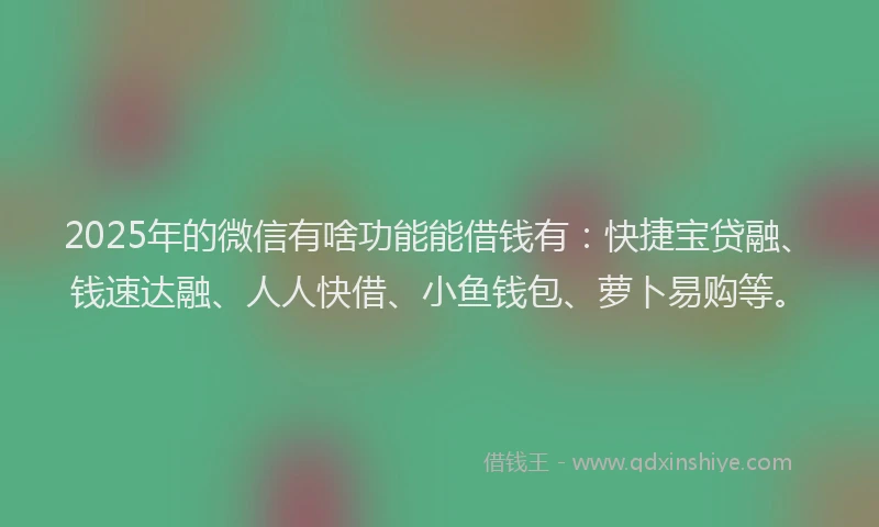 2025年的微信有啥功能能借钱有：快捷宝贷融、钱速达融、人人快借、小鱼钱包、萝卜易购等。