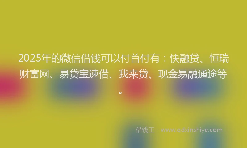 2025年的微信借钱可以付首付有：快融贷、恒瑞财富网、易贷宝速借、我来贷、现金易融通途等。