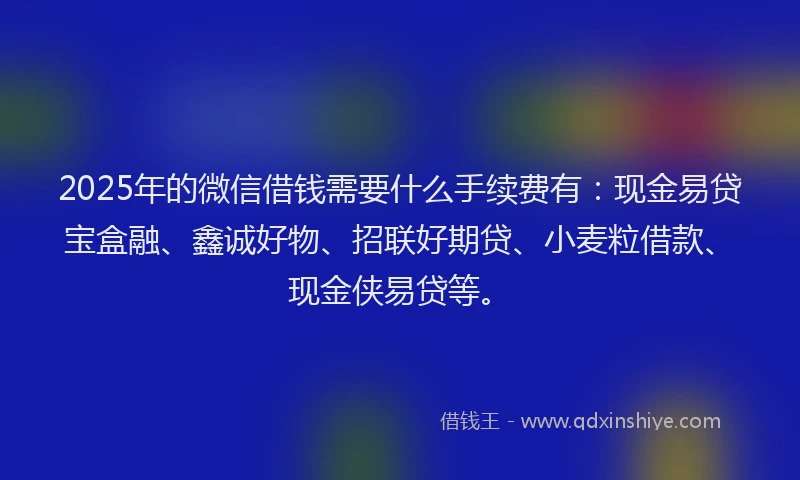 2025年的微信借钱需要什么手续费有：现金易贷宝盒融、鑫诚好物、招联好期贷、小麦粒借款、现金侠易贷等。