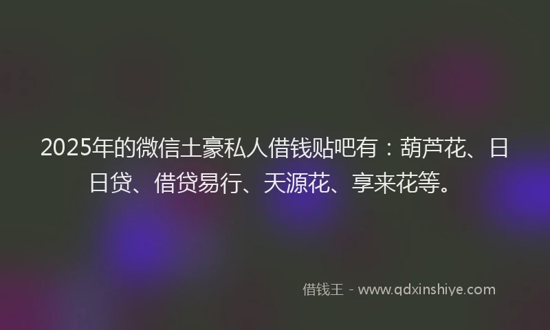 2025年的微信土豪私人借钱贴吧有：葫芦花、日日贷、借贷易行、天源花、享来花等。