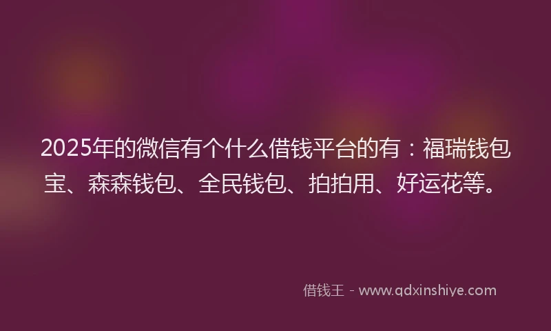 2025年的微信有个什么借钱平台的有：福瑞钱包宝、森森钱包、全民钱包、拍拍用、好运花等。