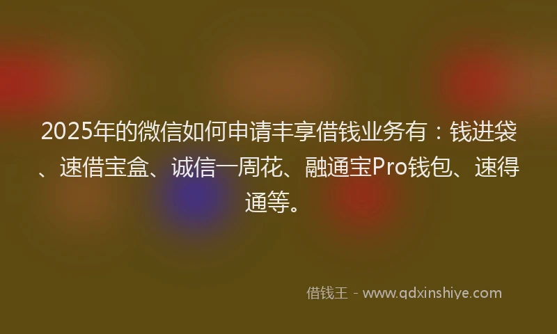 2025年的微信如何申请丰享借钱业务有：钱进袋、速借宝盒、诚信一周花、融通宝Pro钱包、速得通等。
