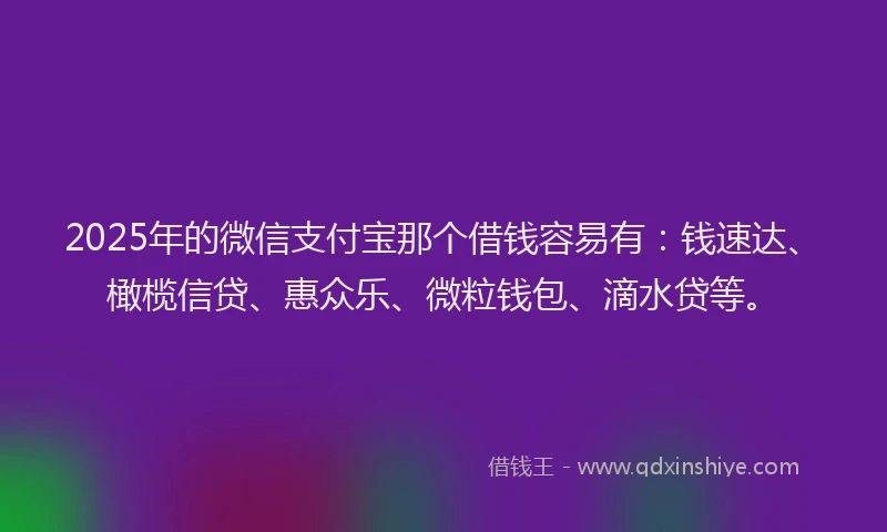 2025年的微信支付宝那个借钱容易有：钱速达、橄榄信贷、惠众乐、微粒钱包、滴水贷等。