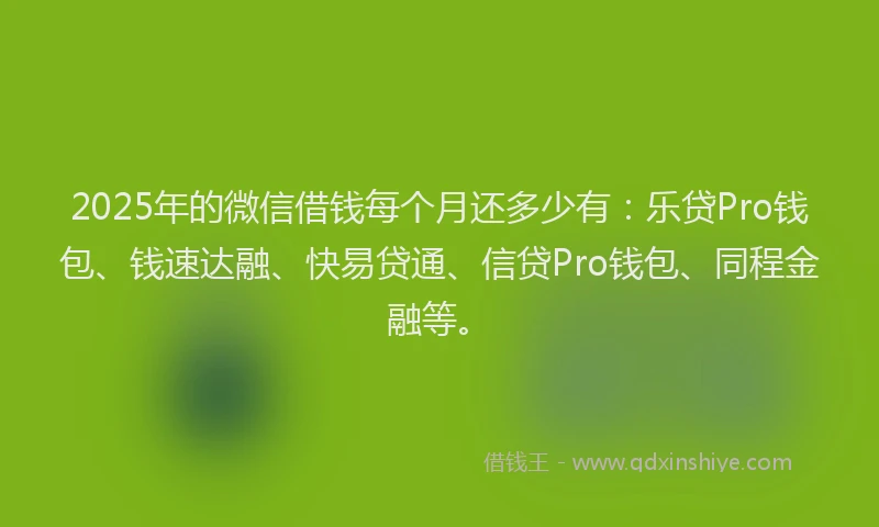2025年的微信借钱每个月还多少有：乐贷Pro钱包、钱速达融、快易贷通、信贷Pro钱包、同程金融等。