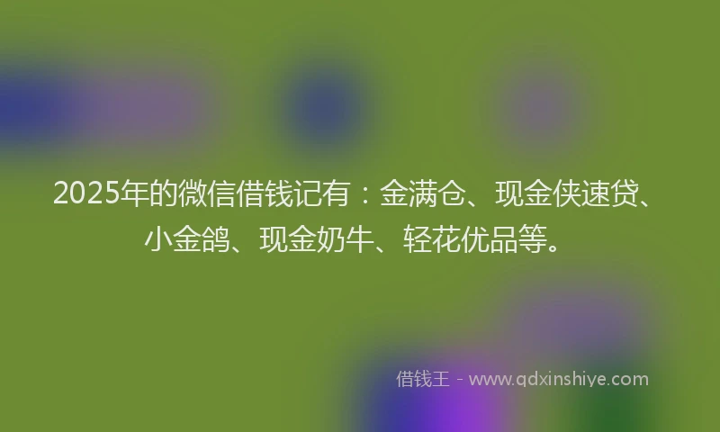 2025年的微信借钱记有：金满仓、现金侠速贷、小金鸽、现金奶牛、轻花优品等。